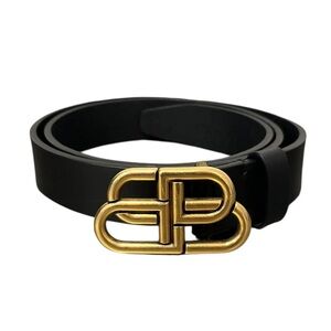 Balenciaga Black Leather Skinny Belt w/ Gold Moto Monogram Buckle